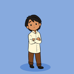 Illustrated portrait of Shahid Raza, arms folded, in a cream shirt on a blue background.